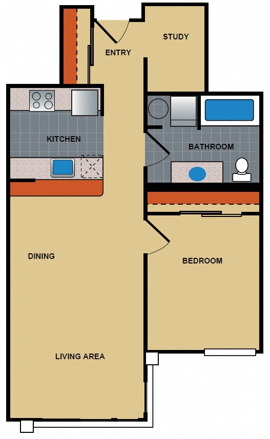 Floor plan for 1 bed, 1 bath, 705 sqft